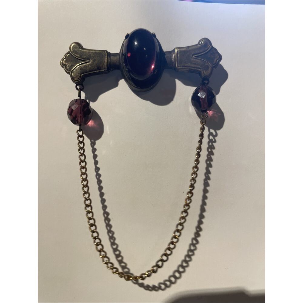 Antique Victorian Art Nouveau Brass Bronze Sash Pin/ Brooch Amethyst Glass Stone